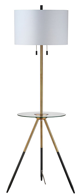 The home of Copenhagen's leading designer inspired this metal vintage-style floor lamp side table. A hybrid of illuminated luxury, its tripod legs are finished in goldtone and black, ideal for the mod living room. Designers love its two retro hanging side pulls.Tripod legs with goldtone and black finish | 2 hanging side pulls; off-white shade | Plug-in floor lamp; light gray cord | Includes 2 bulbs: led, 9 watts | Assembly required