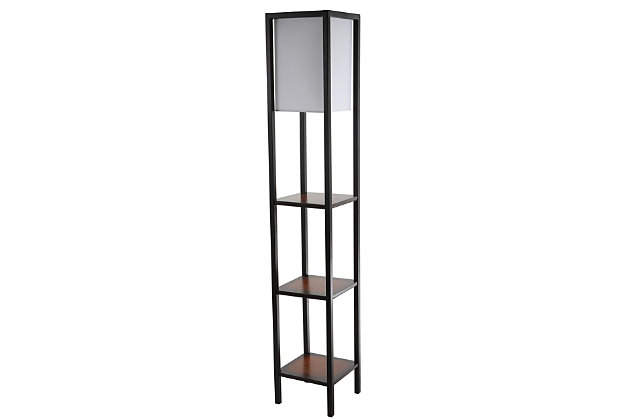 A chic blend of form and function, this shelf floor lamp is a stylish storage solution in any bedroom, living room or home office. Its black metal frame features three contrasting cherry wood shelves and a sleek off-white shade.Black frame | 3 engineered cherry wood shelves | Off-white shade | Plug-in floor lamp; black cord | Includes 1 bulb: led, 9 watts | Assembly required