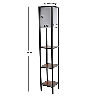 A chic blend of form and function, this shelf floor lamp is a stylish storage solution in any bedroom, living room or home office. Its black metal frame features three contrasting cherry wood shelves and a sleek off-white shade.Black frame | 3 engineered cherry wood shelves | Off-white shade | Plug-in floor lamp; black cord | Includes 1 bulb: led, 9 watts | Assembly required