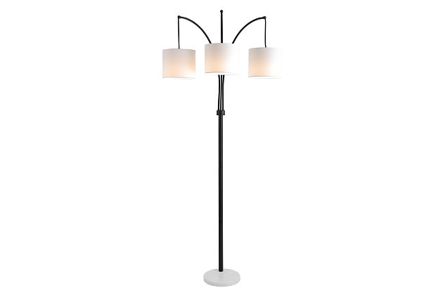 The epitome of modern elegance, this luxurious floor lamp was designed to illuminate the tasteful interior. A stylish investment, it features three graceful off-white shades that drape beautifully from a timeless metal foundation featuring an oil rubbed bronze-tone finish.Oil rubbed bronze-tone finish | 3 off-white shades | Plug-in floor lamp; black cord | Includes 3 led bulbs | Assembly required