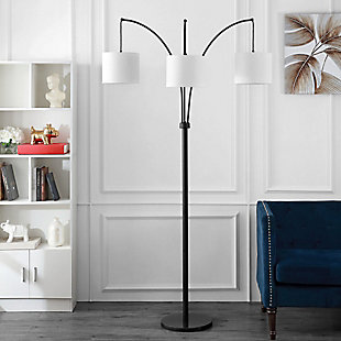 The epitome of modern elegance, this luxurious floor lamp was designed to illuminate the tasteful interior. A stylish investment, it features three graceful off-white shades that drape beautifully from a timeless metal foundation featuring an oil rubbed bronze-tone finish.Oil rubbed bronze-tone finish | 3 off-white shades | Plug-in floor lamp; black cord | Includes 3 led bulbs | Assembly required