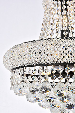 “Primo” means “first” in Italian, and the Primo collection lives up to its name as the top choice in classic, dramatic lighting. The symmetrical bell-shaped design offers variations in single, double, and triple tiers, with each canopy encrusted with multiple layers of round crystals. Delicate strands of crystals flare out from each canopy, ending in a profusion of crystal octagons and balls in the bottom hemisphere base. The Primo series of hanging fixtures comes in finishes of brilliant chrome or gold or black, which are refracted in the clear crystals. | Width of 16 inches, height of 20 inches, and requires 8 candelabra bulbs | minimum hanging height of 26 inch and maximum hanging height of 80 inch | comes with a 60 inch long hanging chain | canopy size is 5.3 inch wide and 1.2 inch high | These exquisite gems will enrich the ambiance of any room, especially a kitchen, entryway, living room, or bathroom. | lighting is compatiable with LED bulbs and is dimmable; bulbs are not included