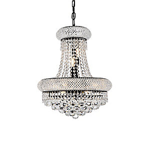 “Primo” means “first” in Italian, and the Primo collection lives up to its name as the top choice in classic, dramatic lighting. The symmetrical bell-shaped design offers variations in single, double, and triple tiers, with each canopy encrusted with multiple layers of round crystals. Delicate strands of crystals flare out from each canopy, ending in a profusion of crystal octagons and balls in the bottom hemisphere base. The Primo series of hanging fixtures comes in finishes of brilliant chrome or gold or black, which are refracted in the clear crystals. | Width of 16 inches, height of 20 inches, and requires 8 candelabra bulbs | minimum hanging height of 26 inch and maximum hanging height of 80 inch | comes with a 60 inch long hanging chain | canopy size is 5.3 inch wide and 1.2 inch high | These exquisite gems will enrich the ambiance of any room, especially a kitchen, entryway, living room, or bathroom. | lighting is compatiable with LED bulbs and is dimmable; bulbs are not included
