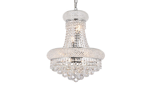 “Primo” means “first” in Italian, and the Primo collection lives up to its name as the top choice in classic, dramatic lighting. The symmetrical bell-shaped design offers variations in single, double, and triple tiers, with each canopy encrusted with multiple layers of round crystals. Delicate strands of crystals flare out from each canopy, ending in a profusion of crystal octagons and balls in the bottom hemisphere base. The Primo series of hanging fixtures comes in finishes of brilliant chrome or gold, which are refracted in the clear crystals | Width of 16 inches, height of 20 inches, and requires 8 candelabra bulbs | fixture is dimmable | comes with a 60 inch long hanging chain