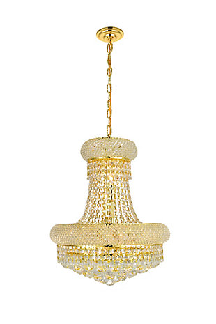 “Primo” means “first” in Italian, and the Primo collection lives up to its name as the top choice in classic, dramatic lighting. The symmetrical bell-shaped design offers variations in single, double, and triple tiers, with each canopy encrusted with multiple layers of round crystals. Delicate strands of crystals flare out from each canopy, ending in a profusion of crystal octagons and balls in the bottom hemisphere base. The Primo series of hanging fixtures comes in finishes of brilliant chrome or gold, which are refracted in the clear crystals | Width of 16 inches, height of 20 inches, and requires 8 candelabra bulbs | fixture is dimmable | comes with a 60 inch long hanging chain