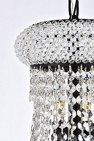 “Primo” means “first” in Italian, and the Primo collection lives up to its name as the top choice in classic, dramatic lighting. The symmetrical bell-shaped design offers variations in single, double, and triple tiers, with each canopy encrusted with multiple layers of round crystals. Delicate strands of crystals flare out from each canopy, ending in a profusion of crystal octagons and balls in the bottom hemisphere base. The Primo series of hanging fixtures comes in finishes of brilliant chrome or gold or black, which are refracted in the clear crystals. | Width of 20 inches, height of 26 inches, and requires 14 candelabra bulbs | minimum hanging height of 32 inch and maximum hanging height of 86 inch | comes with a 60 inch long hanging chain | canopy size is 5.3 inch wide and 1.2 inch high | These exquisite gems will enrich the ambiance of any room, especially a kitchen, entryway, living room, or bathroom. | lighting is compatiable with LED bulbs and is dimmable; bulbs are not included