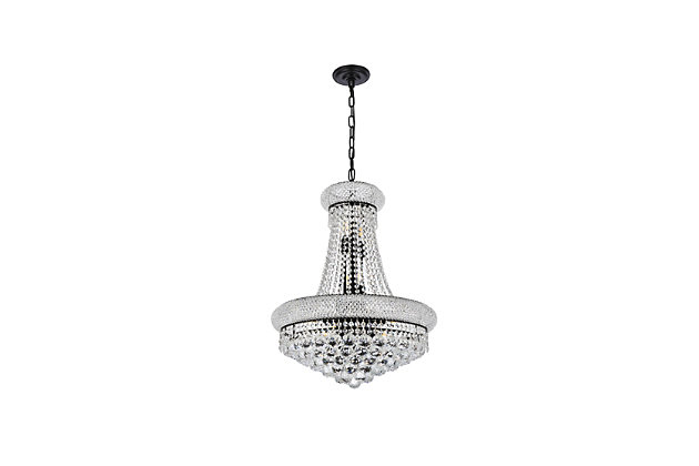 “Primo” means “first” in Italian, and the Primo collection lives up to its name as the top choice in classic, dramatic lighting. The symmetrical bell-shaped design offers variations in single, double, and triple tiers, with each canopy encrusted with multiple layers of round crystals. Delicate strands of crystals flare out from each canopy, ending in a profusion of crystal octagons and balls in the bottom hemisphere base. The Primo series of hanging fixtures comes in finishes of brilliant chrome or gold or black, which are refracted in the clear crystals. | Width of 20 inches, height of 26 inches, and requires 14 candelabra bulbs | minimum hanging height of 32 inch and maximum hanging height of 86 inch | comes with a 60 inch long hanging chain | canopy size is 5.3 inch wide and 1.2 inch high | These exquisite gems will enrich the ambiance of any room, especially a kitchen, entryway, living room, or bathroom. | lighting is compatiable with LED bulbs and is dimmable; bulbs are not included