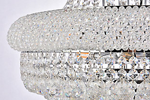 “Primo” means “first” in Italian, and the Primo collection lives up to its name as the top choice in classic, dramatic lighting. The symmetrical bell-shaped design offers variations in single, double, and triple tiers, with each canopy encrusted with multiple layers of round crystals. Delicate strands of crystals flare out from each canopy, ending in a profusion of crystal octagons and balls in the bottom hemisphere base. The Primo series of hanging fixtures comes in finishes of brilliant chrome or gold, which are refracted in the clear crystals | Width of 20 inches, height of 26 inches, and requires 14 candelabra bulbs | fixture is dimmable | comes with a 60 inch long hanging chain