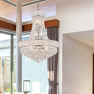 “Primo” means “first” in Italian, and the Primo collection lives up to its name as the top choice in classic, dramatic lighting. The symmetrical bell-shaped design offers variations in single, double, and triple tiers, with each canopy encrusted with multiple layers of round crystals. Delicate strands of crystals flare out from each canopy, ending in a profusion of crystal octagons and balls in the bottom hemisphere base. The Primo series of hanging fixtures comes in finishes of brilliant chrome or gold, which are refracted in the clear crystals | Width of 20 inches, height of 26 inches, and requires 14 candelabra bulbs | fixture is dimmable | comes with a 60 inch long hanging chain