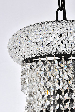 “Primo” means “first” in Italian, and the Primo collection lives up to its name as the top choice in classic, dramatic lighting. The symmetrical bell-shaped design offers variations in single, double, and triple tiers, with each canopy encrusted with multiple layers of round crystals. Delicate strands of crystals flare out from each canopy, ending in a profusion of crystal octagons and balls in the bottom hemisphere base. The Primo series of hanging fixtures comes in finishes of brilliant chrome or gold or black, which are refracted in the clear crystals. | Width of 24 inches, height of 32 inches, and requires 14 candelabra bulbs | minimum hanging height of 38 inch and maximum hanging height of 92 inch | contrasting matte black frame finish complements the brilliant clear crystals | canopy size is 5.3 inch wide and 1.2 inch high | These exquisite gems will enrich the ambiance of any room, especially a kitchen, entryway, living room, or bathroom. | lighting is compatiable with LED bulbs and is dimmable; bulbs are not included