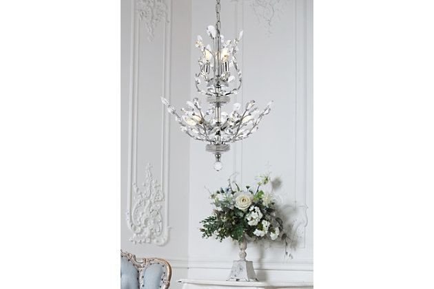 The ethereal splendor of Orchid collection chandeliers adds floral-inspired fantasy to your palace. Tiers of delicate steel branches shine in chrome, dark-bronze, or gold finishes. In lieu of flowers and buds, this fanciful seedling sprouts a wide variety of clear or golden-teak crystals. An organic centerpiece that’s breathtaking in the dining room, living room, or stairwell. Tiers of delicate-looking steel branches in a chrome finish  | Highlighted with clear royal-cut crystal flowers and buds  | Lamp features a diameter of 21 inches, a height of 22 inches, and requires 8 candelabra bulbs  | comes with a 60 inch long hanging chain