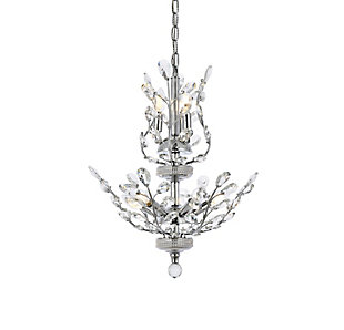 The ethereal splendor of Orchid collection chandeliers adds floral-inspired fantasy to your palace. Tiers of delicate steel branches shine in chrome, dark-bronze, or gold finishes. In lieu of flowers and buds, this fanciful seedling sprouts a wide variety of clear or golden-teak crystals. An organic centerpiece that’s breathtaking in the dining room, living room, or stairwell. Tiers of delicate-looking steel branches in a chrome finish  | Highlighted with clear royal-cut crystal flowers and buds  | Lamp features a diameter of 21 inches, a height of 22 inches, and requires 8 candelabra bulbs  | comes with a 60 inch long hanging chain