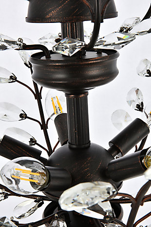 The ethereal splendor of Orchid collection chandeliers adds floral-inspired fantasy to your palace. Tiers of delicate steel branches shine in chrome, dark-bronze, or gold finishes. In lieu of flowers and buds, this fanciful seedling sprouts a wide variety of clear or golden-teak crystals. An organic centerpiece that’s breathtaking in the dining room, living room, or stairwell. Tiers of delicate-looking steel branches in a dark-bronze finish  | Highlighted with clear royal-cut crystal flowers and buds  | Lamp features a diameter of 21 inches, a height of 22 inches, and requires 8 candelabra bulbs  | comes with a 60 inch long hanging chain