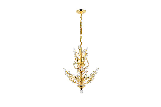 The ethereal splendor of Orchid collection chandeliers adds floral-inspired fantasy to your palace. Tiers of delicate steel branches shine in chrome, dark-bronze, or gold finishes. In lieu of flowers and buds, this fanciful seedling sprouts a wide variety of clear or golden-teak crystals. An organic centerpiece that’s breathtaking in the dining room, living room, or stairwell. Tiers of delicate-looking steel branches in a gold finish  | Highlighted with clear royal-cut crystal flowers and buds  | Lamp features a diameter of 21 inches, a height of 22 inches, and requires 8 candelabra bulbs  | comes with a 60 inch long hanging chain