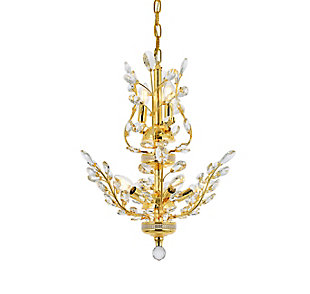 The ethereal splendor of Orchid collection chandeliers adds floral-inspired fantasy to your palace. Tiers of delicate steel branches shine in chrome, dark-bronze, or gold finishes. In lieu of flowers and buds, this fanciful seedling sprouts a wide variety of clear or golden-teak crystals. An organic centerpiece that’s breathtaking in the dining room, living room, or stairwell. Tiers of delicate-looking steel branches in a gold finish  | Highlighted with clear royal-cut crystal flowers and buds  | Lamp features a diameter of 21 inches, a height of 22 inches, and requires 8 candelabra bulbs  | comes with a 60 inch long hanging chain