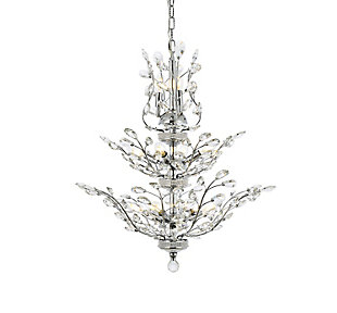 The ethereal splendor of Orchid collection chandeliers adds floral-inspired fantasy to your palace. Tiers of delicate steel branches shine in chrome, dark-bronze, or gold finishes. In lieu of flowers and buds, this fanciful seedling sprouts a wide variety of clear or golden-teak crystals. An organic centerpiece that’s breathtaking in the dining room, living room, or stairwell. Tiers of delicate-looking steel branches in a chrome finish  | Highlighted with clear royal-cut crystal flowers and buds  | Lamp features a diameter of 27 inches, a height of 27 inches, and requires 13 candelabra bulbs  | comes with a 60 inch long hanging chain