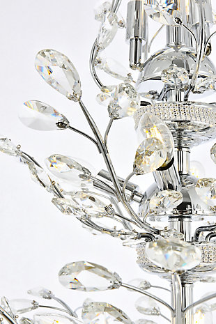 The ethereal splendor of Orchid collection chandeliers adds floral-inspired fantasy to your palace. Tiers of delicate steel branches shine in chrome, dark-bronze, or gold finishes. In lieu of flowers and buds, this fanciful seedling sprouts a wide variety of clear or golden-teak crystals. An organic centerpiece that’s breathtaking in the dining room, living room, or stairwell. Tiers of delicate-looking steel branches in a chrome finish  | Highlighted with clear royal-cut crystal flowers and buds  | Lamp features a diameter of 27 inches, a height of 27 inches, and requires 13 candelabra bulbs  | comes with a 60 inch long hanging chain