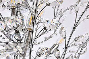 The ethereal splendor of Orchid collection chandeliers adds floral-inspired fantasy to your palace. Tiers of delicate steel branches shine in chrome, dark-bronze, or gold finishes. In lieu of flowers and buds, this fanciful seedling sprouts a wide variety of clear or golden-teak crystals. An organic centerpiece that’s breathtaking in the dining room, living room, or stairwell. Tiers of delicate-looking steel branches in a chrome finish  | Highlighted with clear royal-cut crystal flowers and buds  | Lamp features a diameter of 41 inches, a height of 34 inches, and requires 18 candelabra bulbs  | comes with a 60 inch long hanging chain
