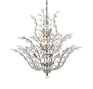 The ethereal splendor of Orchid collection chandeliers adds floral-inspired fantasy to your palace. Tiers of delicate steel branches shine in chrome, dark-bronze, or gold finishes. In lieu of flowers and buds, this fanciful seedling sprouts a wide variety of clear or golden-teak crystals. An organic centerpiece that’s breathtaking in the dining room, living room, or stairwell. Tiers of delicate-looking steel branches in a chrome finish  | Highlighted with clear royal-cut crystal flowers and buds  | Lamp features a diameter of 41 inches, a height of 34 inches, and requires 18 candelabra bulbs  | comes with a 60 inch long hanging chain