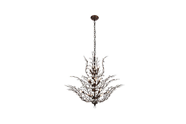 The ethereal splendor of Orchid collection chandeliers adds floral-inspired fantasy to your palace. Tiers of delicate steel branches shine in chrome, dark-bronze, or gold finishes. In lieu of flowers and buds, this fanciful seedling sprouts a wide variety of clear or golden-teak crystals. An organic centerpiece that’s breathtaking in the dining room, living room, or stairwell. Tiers of delicate-looking steel branches in a dark-bronze finish  | Highlighted with clear royal-cut crystal flowers and buds  | Lamp features a diameter of 41 inches, a height of 34 inches, and requires 18 candelabra bulbs  | comes with a 60 inch long hanging chain