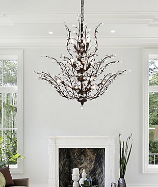 The ethereal splendor of Orchid collection chandeliers adds floral-inspired fantasy to your palace. Tiers of delicate steel branches shine in chrome, dark-bronze, or gold finishes. In lieu of flowers and buds, this fanciful seedling sprouts a wide variety of clear or golden-teak crystals. An organic centerpiece that’s breathtaking in the dining room, living room, or stairwell. Tiers of delicate-looking steel branches in a dark-bronze finish  | Highlighted with clear royal-cut crystal flowers and buds  | Lamp features a diameter of 41 inches, a height of 34 inches, and requires 18 candelabra bulbs  | comes with a 60 inch long hanging chain