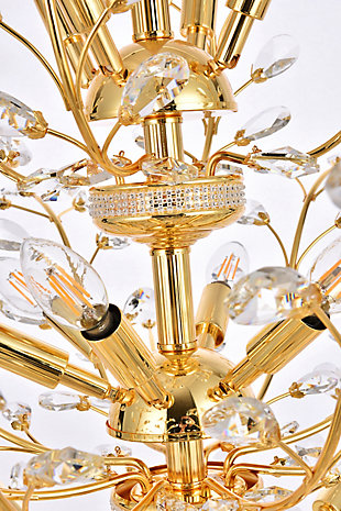 The ethereal splendor of Orchid collection chandeliers adds floral-inspired fantasy to your palace. Tiers of delicate steel branches shine in chrome, dark-bronze, or gold finishes. In lieu of flowers and buds, this fanciful seedling sprouts a wide variety of clear or golden-teak crystals. An organic centerpiece that’s breathtaking in the dining room, living room, or stairwell. Tiers of delicate-looking steel branches in a gold finish  | Highlighted with clear royal-cut crystal flowers and buds  | Lamp features a diameter of 41 inches, a height of 34 inches, and requires 18 candelabra bulbs  | comes with a 60 inch long hanging chain