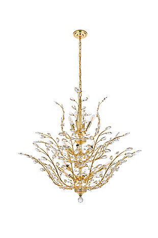 The ethereal splendor of Orchid collection chandeliers adds floral-inspired fantasy to your palace. Tiers of delicate steel branches shine in chrome, dark-bronze, or gold finishes. In lieu of flowers and buds, this fanciful seedling sprouts a wide variety of clear or golden-teak crystals. An organic centerpiece that’s breathtaking in the dining room, living room, or stairwell. Tiers of delicate-looking steel branches in a gold finish  | Highlighted with clear royal-cut crystal flowers and buds  | Lamp features a diameter of 41 inches, a height of 34 inches, and requires 18 candelabra bulbs  | comes with a 60 inch long hanging chain