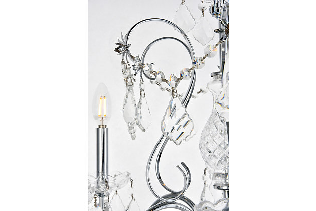 It’s easy to add a magnificent light fixture to your home with chandeliers and pendants from the St. Francis collection. Featuring intricate steel frames with graceful sweeping arms and candelabra-style bulbs (not included), these gorgeous fixtures include a dazzling visual array of delicate crystal bobéches, pendeloques, and beads. Available with a choice of beautiful metal finishes and types of crystal, in a range of diameters from 17 to 36 inches.Room use: Dining room; Living room; Bedroom; Bathroom; Entry Way; Closet | Diameter of 24 inches; minimum hanging height of 27 inches, maximum hanging height of 81 inches. | Warm, brilliant light is created by 6 light bulbs. (not included) | comes with a 60 inch long hanging chain