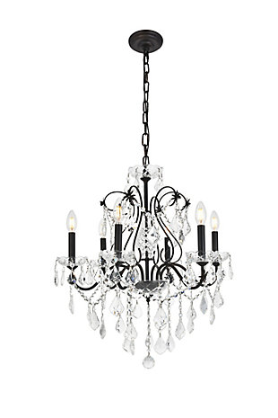It’s easy to add a magnificent light fixture to your home with chandeliers and pendants from the St. Francis collection. Featuring intricate steel frames with graceful sweeping arms and candelabra-style bulbs (not included), these gorgeous fixtures include a dazzling visual array of delicate crystal bobéches, pendeloques, and beads. Available with a choice of beautiful metal finishes and types of crystal, in a range of diameters from 17 to 36 inches.Room use: Dining room; Living room; Bedroom; Bathroom; Entry Way; Closet | Diameter of 24 inches; minimum hanging height of 27 inches, maximum hanging height of 81 inches. | Warm, brilliant light is created by 6 light bulbs. (not included) | comes with a 60 inch long hanging chain