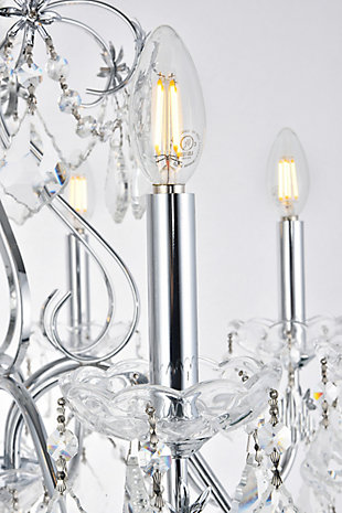 It’s easy to add a magnificent light fixture to your home with chandeliers and pendants from the St. Francis collection. Featuring intricate steel frames with graceful sweeping arms and candelabra-style bulbs (not included), these gorgeous fixtures include a dazzling visual array of delicate crystal bobéches, pendeloques, and beads. Available with a choice of beautiful metal finishes and types of crystal, in a range of diameters from 17 to 36 inches.Room use: Dining room; Living room; Bedroom; Bathroom; Entry Way; Closet | Diameter of 26 inches; minimum hanging height of 29 inches, maximum hanging height of 83 inches. | Warm, brilliant light is created by 8 light bulbs. (not included) | comes with a 60 inch long hanging chain