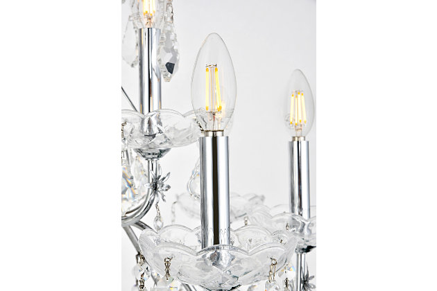 It’s easy to add a magnificent light fixture to your home with chandeliers and pendants from the St. Francis collection. Featuring intricate steel frames with graceful sweeping arms and candelabra-style bulbs (not included), these gorgeous fixtures include a dazzling visual array of delicate crystal bobéches, pendeloques, and beads. Available with a choice of beautiful metal finishes and types of crystal, in a range of diameters from 17 to 36 inches.Room use: Dining room; Living room; Bedroom; Bathroom; Entry Way; Closet | Diameter of 28 inches; minimum hanging height of 34 inches, maximum hanging height of 88 inches. | Warm, brilliant light is created by 12 light bulbs. (not included) | comes with a 60 inch long hanging chain