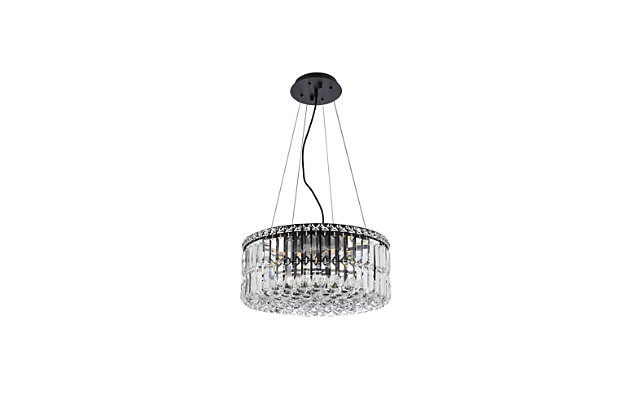 A riot of shapes and textures, Maxime collection hanging fixtures sparkle in a mosaic of crystal tiles. Square and rectangular precision-cut crystals form the flamboyant exterior while faceted crystal balls create a bubbled effect for light to shine through beneath. A mischievous asymmetrical hanging tube adds a touch of whimsy to this structured design. Available in a black or chrome finish with clear crystals, these lamps are a luxurious addition to a dining room, stairwell, foyer, or living room. Warm, brilliant light is created by 12 E12 light bulbs. (not included) | assembly is required | minimum hanging height of 14 inch and maximum hanging height of 80 inch | contrasting matte black frame finish complements the brilliant clear crystals | canopy size is 7 inch wide and 1 inch high | These exquisite gems will enrich the ambiance of any room, especially a kitchen, entryway, living room, or bathroom. | lighting is compatiable with LED bulbs and is dimmable; bulbs are not included