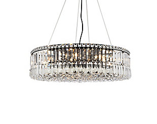 A riot of shapes and textures, Maxime collection hanging fixtures sparkle in a mosaic of crystal tiles. Square and rectangular precision-cut crystals form the flamboyant exterior while faceted crystal balls create a bubbled effect for light to shine through beneath. A mischievous asymmetrical hanging tube adds a touch of whimsy to this structured design. Available in a black or chrome finish with clear crystals, these lamps are a luxurious addition to a dining room, stairwell, foyer, or living room. Warm, brilliant light is created by 12 E12 light bulbs. (not included) | assembly is required | minimum hanging height of 14 inch and maximum hanging height of 80 inch | contrasting matte black frame finish complements the brilliant clear crystals | canopy size is 9 inch wide and 1 inch high | These exquisite gems will enrich the ambiance of any room, especially a kitchen, entryway, living room, or bathroom. | lighting is compatiable with LED bulbs and is dimmable; bulbs are not included