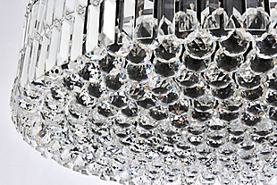 A riot of shapes and textures, Maxime collection hanging fixtures sparkle in a mosaic of crystal tiles. Square and rectangular precision-cut crystals form the flamboyant exterior while faceted crystal balls create a bubbled effect for light to shine through beneath. A mischievous asymmetrical hanging tube adds a touch of whimsy to this structured design. Available in a black or chrome finish with clear crystals, these lamps are a luxurious addition to a dining room, stairwell, foyer, or living room. Warm, brilliant light is created by 12 E12 light bulbs. (not included) | assembly is required | minimum hanging height of 14 inch and maximum hanging height of 80 inch | contrasting matte black frame finish complements the brilliant clear crystals | canopy size is 9 inch wide and 1 inch high | These exquisite gems will enrich the ambiance of any room, especially a kitchen, entryway, living room, or bathroom. | lighting is compatiable with LED bulbs and is dimmable; bulbs are not included