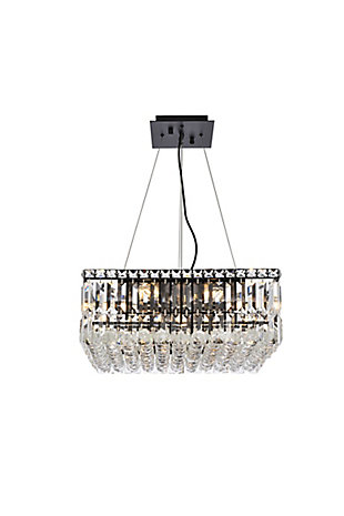 A riot of shapes and textures, Maxime collection hanging fixtures sparkle in a mosaic of crystal tiles. Square and rectangular precision-cut crystals form the flamboyant exterior while faceted crystal balls create a bubbled effect for light to shine through beneath. A mischievous asymmetrical hanging tube adds a touch of whimsy to this structured design. Available in a black or chrome finish with clear crystals, these lamps are a luxurious addition to a dining room, stairwell, foyer, or living room. Warm, brilliant light is created by 12 E12 light bulbs. (not included) | assembly is required | minimum hanging height of 14 inch and maximum hanging height of 80 inch | contrasting matte black frame finish complements the brilliant clear crystals | canopy size is 7 inch wide and 1 inch high | These exquisite gems will enrich the ambiance of any room, especially a kitchen, entryway, living room, or bathroom. | lighting is compatiable with LED bulbs and is dimmable; bulbs are not included