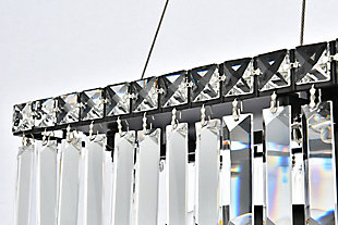 A riot of shapes and textures, Maxime collection flush mounts sparkle in a mosaic of crystal tiles. Square and rectangular precision-cut crystals form the flamboyant exterior while faceted crystal balls create a bubbled effect for light to shine through beneath. Available in a black or chrome finish with clear crystals, these lamps are a luxurious addition to a kitchen, stairwell, foyer, or living room. Warm, brilliant light is created by 4 E12 light bulbs. (not included) | Length of 20 inches, width of 10 inches, height of 7.5 inches | minimum hanging height of 14 inch and maximum hanging height of 80 inch | contrasting matte black frame finish complements the brilliant clear crystals | canopy size is 4.7 inch wide and 1 inch high | These exquisite gems will enrich the ambiance of any room, especially a kitchen, entryway, living room, or bathroom. | lighting is compatiable with LED bulbs and is dimmable; bulbs are not included