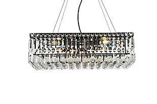 A riot of shapes and textures, Maxime collection flush mounts sparkle in a mosaic of crystal tiles. Square and rectangular precision-cut crystals form the flamboyant exterior while faceted crystal balls create a bubbled effect for light to shine through beneath. Available in a black or chrome finish with clear crystals, these lamps are a luxurious addition to a kitchen, stairwell, foyer, or living room. Warm, brilliant light is created by 6 E12 light bulbs. (not included) | Length of 24 inches, width of 12 inches, height of 7.5 inches | minimum hanging height of 14 inch and maximum hanging height of 80 inch | contrasting matte black frame finish complements the brilliant clear crystals | canopy size is 4.7 inch wide and 1 inch high | These exquisite gems will enrich the ambiance of any room, especially a kitchen, entryway, living room, or bathroom. | lighting is compatiable with LED bulbs and is dimmable; bulbs are not included