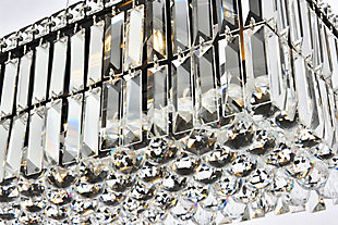 A riot of shapes and textures, Maxime collection flush mounts sparkle in a mosaic of crystal tiles. Square and rectangular precision-cut crystals form the flamboyant exterior while faceted crystal balls create a bubbled effect for light to shine through beneath. Available in a black or chrome finish with clear crystals, these lamps are a luxurious addition to a kitchen, stairwell, foyer, or living room. Warm, brilliant light is created by 6 E12 light bulbs. (not included) | Length of 24 inches, width of 12 inches, height of 7.5 inches | minimum hanging height of 14 inch and maximum hanging height of 80 inch | contrasting matte black frame finish complements the brilliant clear crystals | canopy size is 4.7 inch wide and 1 inch high | These exquisite gems will enrich the ambiance of any room, especially a kitchen, entryway, living room, or bathroom. | lighting is compatiable with LED bulbs and is dimmable; bulbs are not included
