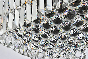 A riot of shapes and textures, Maxime collection flush mounts sparkle in a mosaic of crystal tiles. Square and rectangular precision-cut crystals form the flamboyant exterior while faceted crystal balls create a bubbled effect for light to shine through beneath. Available in a black or chrome finish with clear crystals, these lamps are a luxurious addition to a kitchen, stairwell, foyer, or living room. Warm, brilliant light is created by 16 E12 light bulbs. (not included) | Length of 28 inches, width of 14 inches, height of 7.5 inches | minimum hanging height of 14 inch and maximum hanging height of 80 inch | contrasting matte black frame finish complements the brilliant clear crystals | canopy size is 6.3 inch wide and 1 inch high | These exquisite gems will enrich the ambiance of any room, especially a kitchen, entryway, living room, or bathroom. | lighting is compatiable with LED bulbs and is dimmable; bulbs are not included