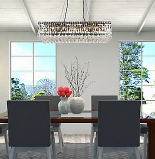 A riot of shapes and textures, Maxime collection flush mounts sparkle in a mosaic of crystal tiles. Square and rectangular precision-cut crystals form the flamboyant exterior while faceted crystal balls create a bubbled effect for light to shine through beneath. Available in a black or chrome finish with clear crystals, these lamps are a luxurious addition to a kitchen, stairwell, foyer, or living room. Warm, brilliant light is created by 16 E12 light bulbs. (not included) | Length of 32 inches, width of 16 inches, height of 7.5 inches | minimum hanging height of 14 inch and maximum hanging height of 80 inch | contrasting matte black frame finish complements the brilliant clear crystals | canopy size is 6.3 inch wide and 1 inch high | These exquisite gems will enrich the ambiance of any room, especially a kitchen, entryway, living room, or bathroom. | lighting is compatiable with LED bulbs and is dimmable; bulbs are not included