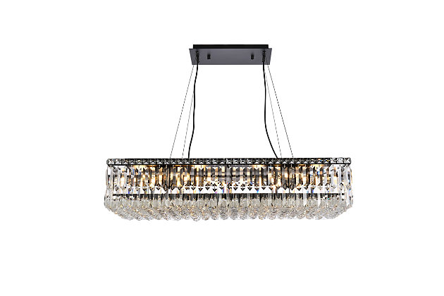 A riot of shapes and textures, Maxime collection flush mounts sparkle in a mosaic of crystal tiles. Square and rectangular precision-cut crystals form the flamboyant exterior while faceted crystal balls create a bubbled effect for light to shine through beneath. Available in a black or chrome finish with clear crystals, these lamps are a luxurious addition to a kitchen, stairwell, foyer, or living room. Warm, brilliant light is created by 16 E12 light bulbs. (not included) | Length of 36 inches, width of 18 inches, height of 7.5 inches | minimum hanging height of 14 inch and maximum hanging height of 80 inch | contrasting matte black frame finish complements the brilliant clear crystals | canopy size is 7 inch wide and 1 inch high | These exquisite gems will enrich the ambiance of any room, especially a kitchen, entryway, living room, or bathroom. | lighting is compatiable with LED bulbs and is dimmable; bulbs are not included