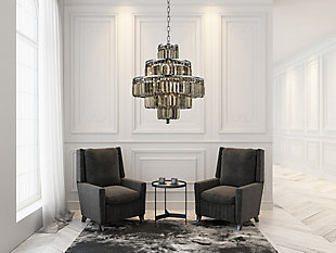 Breathtaking while remaining refined, Maxime collection hanging fixtures sparkle in a mosaic of crystal tiles. Square and rectangular precision-cut crystals form the exterior of extravagant tiers.  A mischievous asymmetrical hanging tube adds a touch of whimsy to the startling beauty of these lamps. Available in a chrome finish with clear or golden-teak crystals, these lamps are a luxurious addition to a dining room, stairwell, foyer, or living room.Room use: dining room; living room; bedroom; bathroom; entry way; closet | Diameter of 20 inches; minimum hanging height of 27 inches, maximum hanging height of 81 inches. | Warm, brilliant light is created by 13 light bulbs. (not included) | Comes with a 60 inch long hanging chain