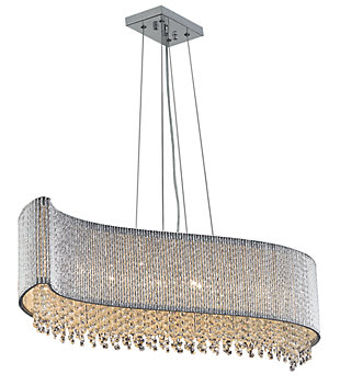 Waves of glimmering light will leave an impression of dynamic motion in your bedroom, dining room, or entryway with the Influx collection of hanging fixtures. Multifaceted royal-cut clear crystal beads dance within a glistening chrome silhouette of metallic twists. Be swept you off your feet by this contemporary lighting fixture that inspires a tide of brilliant breathtaking wonder.Room use: Dining room; Living room; Bedroom; Bathroom; Entry Way; Closet | Diameter of 23 inches; minimum hanging height of 26 inches, maximum hanging height of 80 inches. | Warm, brilliant light is created by 2 light bulbs. (not included) | comes with an adjustable hanging cable