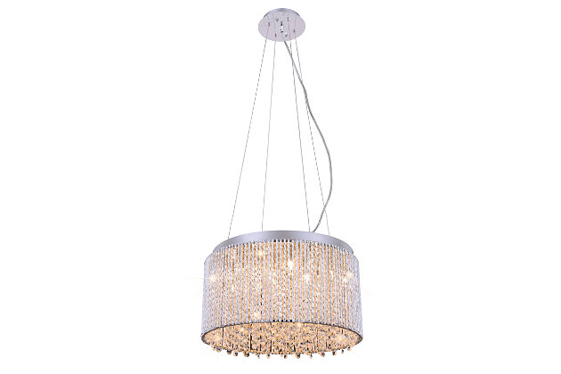 This ring of celestial light will leave an impression of dynamic resonance in your bedroom, dining room, or entryway with the Influx collection of hanging fixtures. Multifaceted royal-cut clear crystal beads dance within a glistening chrome silhouette of metallic twists. Be swept you off your feet by this contemporary lighting fixture that inspires a glow of brilliant, breathtaking wonder.Room use: dining room; living room; bedroom; bathroom; entry way; closet | Diameter of 23 inches; minimum hanging height of 26 inches, maximum hanging height of 80 inches. | Warm, brilliant light is created by 2 light bulbs. (not included) | Comes with an adjustable hanging cable