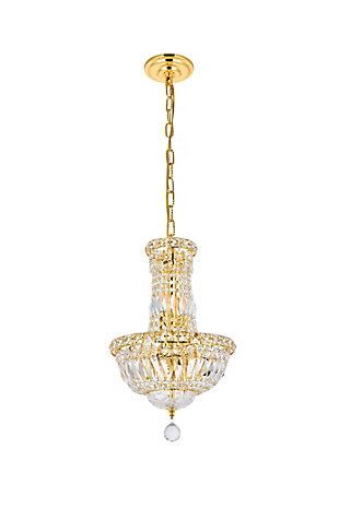The Tranquil collection of hanging fixtures is everything you could imagine in the most decadent of lighting for your home. Captivating and serene, the radiance of this masterpiece will make you feel like a waterfall of lustrous sparkle enraptures you. Gold-finished bands of exquisite emerald-cut and baguette crystals are finished off with a mesmerizing spherical gem. These hypnotizing chandeliers and hanging pendants will add a touch of panache to your kitchen, dining room, foyer, or bedroom.Room use: Dining room; Living room; Bedroom; Bathroom; Entry Way; Closet | Diameter of 12 inches; minimum hanging height of 22 inches, maximum hanging height of 76 inches. | Warm, brilliant light is created by 6 light bulbs. (not included) | comes with a 60 inch long hanging chain