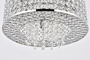 Like a brilliant shining star, the Amelie collection of hanging fixtures emits dazzling light from a bejeweled circular band, accented with gleaming strands of royal-cut crystals pouring through the open center. This chrome-finished ring surrounds four to 10 lights (not included) that highlight the intricate pattern of miniature circles that embellish the sides and bottom of the frame. In natural light, or with electricity, this sparkling hanging light would become a stunning showpiece for your space.Room use: Dining room; Living room; Bedroom; Bathroom; Entry Way; Closet | Diameter of 12 inches; minimum hanging height of 5 inches, maximum hanging height of 59.1 inches. | Warm, brilliant light is created by 4 light bulbs. (not included) | comes with an adjustable hanging cable