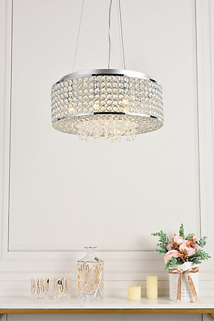 Like a brilliant shining star, the Amelie collection of hanging fixtures emits dazzling light from a bejeweled circular band, accented with gleaming strands of royal-cut crystals pouring through the open center. This chrome-finished ring surrounds four to 10 lights (not included) that highlight the intricate pattern of miniature circles that embellish the sides and bottom of the frame. In natural light, or with electricity, this sparkling hanging light would become a stunning showpiece for your space.Room use: Dining room; Living room; Bedroom; Bathroom; Entry Way; Closet | Diameter of 16 inches; minimum hanging height of 5.5 inches, maximum hanging height of 59.1 inches. | Warm, brilliant light is created by 6 light bulbs. (not included) | comes with an adjustable hanging cable