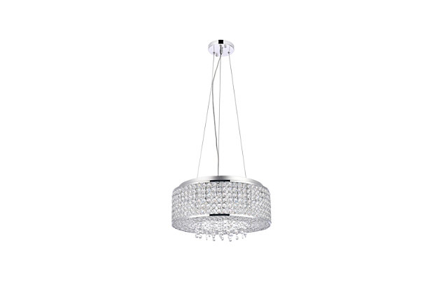 Like a brilliant shining star, the Amelie collection of hanging fixtures emits dazzling light from a bejeweled circular band, accented with gleaming strands of royal-cut crystals pouring through the open center. This chrome-finished ring surrounds four to 10 lights (not included) that highlight the intricate pattern of miniature circles that embellish the sides and bottom of the frame. In natural light, or with electricity, this sparkling hanging light would become a stunning showpiece for your space.Room use: Dining room; Living room; Bedroom; Bathroom; Entry Way; Closet | Diameter of 16 inches; minimum hanging height of 5.5 inches, maximum hanging height of 59.1 inches. | Warm, brilliant light is created by 6 light bulbs. (not included) | comes with an adjustable hanging cable