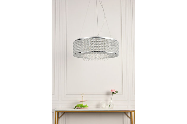 Like a brilliant shining star, the Amelie collection of hanging fixtures emits dazzling light from a bejeweled circular band, accented with gleaming strands of royal-cut crystals pouring through the open center. This chrome-finished ring surrounds four to 10 lights (not included) that highlight the intricate pattern of miniature circles that embellish the sides and bottom of the frame. In natural light, or with electricity, this sparkling hanging light would become a stunning showpiece for your space.Room use: Dining room; Living room; Bedroom; Bathroom; Entry Way; Closet | Diameter of 24 inches; minimum hanging height of 7 inches, maximum hanging height of 59.1 inches. | Warm, brilliant light is created by 10 light bulbs. (not included) | comes with an adjustable hanging cable
