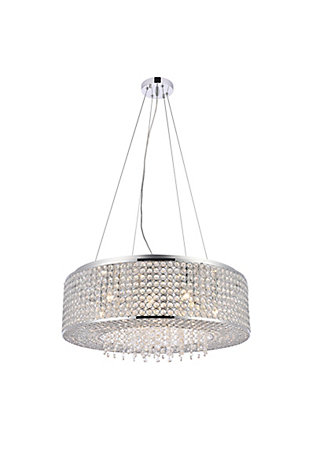 Like a brilliant shining star, the Amelie collection of hanging fixtures emits dazzling light from a bejeweled circular band, accented with gleaming strands of royal-cut crystals pouring through the open center. This chrome-finished ring surrounds four to 10 lights (not included) that highlight the intricate pattern of miniature circles that embellish the sides and bottom of the frame. In natural light, or with electricity, this sparkling hanging light would become a stunning showpiece for your space.Room use: Dining room; Living room; Bedroom; Bathroom; Entry Way; Closet | Diameter of 24 inches; minimum hanging height of 7 inches, maximum hanging height of 59.1 inches. | Warm, brilliant light is created by 10 light bulbs. (not included) | comes with an adjustable hanging cable